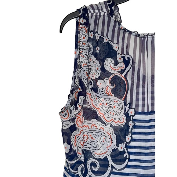 Cabi Women Top Sheer Tank Paisley Striped Ruffled Peplum Sleeveless Blue Small - Picture 8 of 9